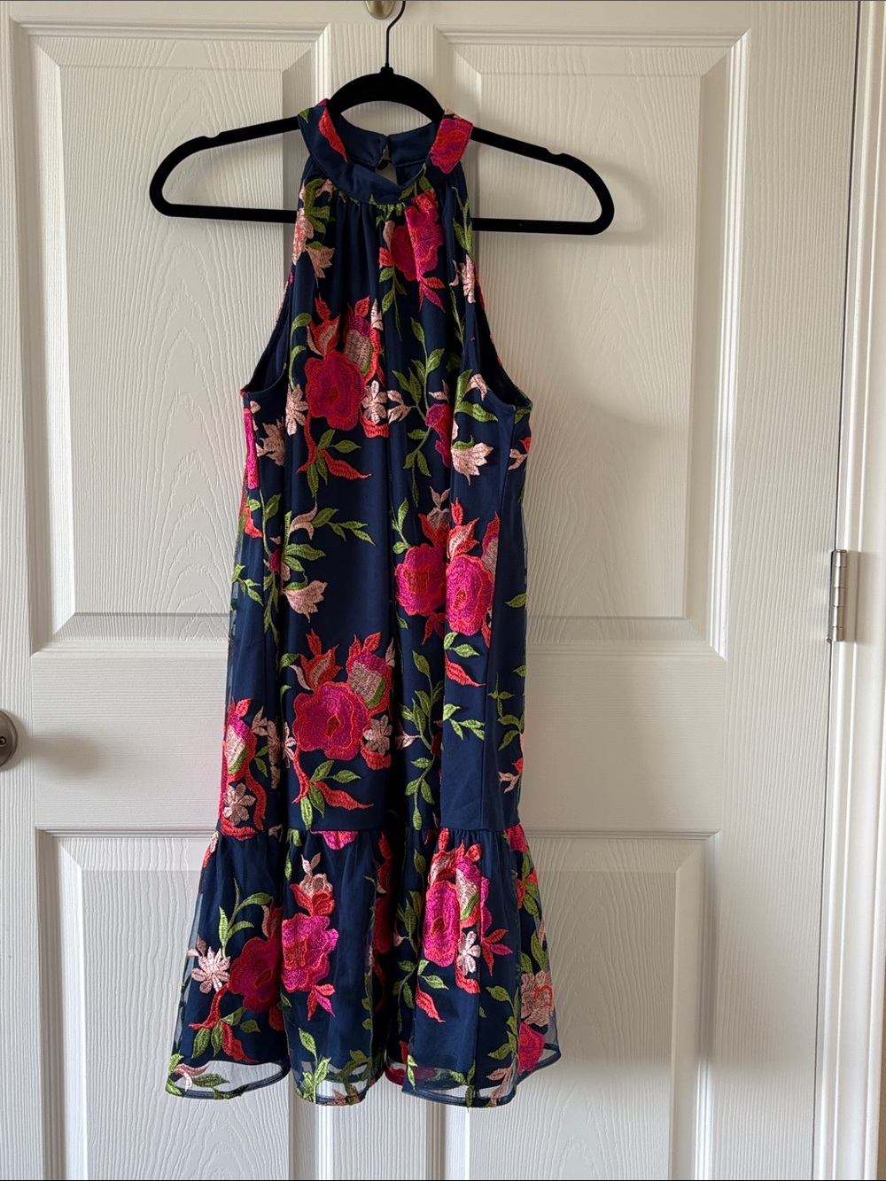 Adrianna Papell Navy Halter Mini Dress with Pink Floral Embroidery